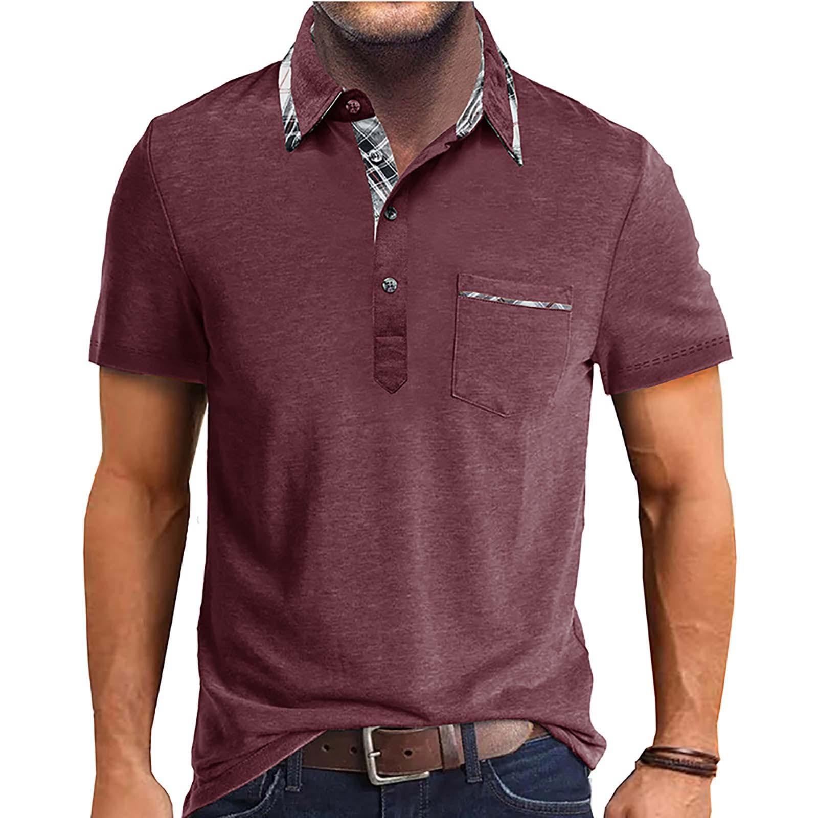 

Men s Short Sleeved Lapel Collar T-shirt Casual Round Neck Top XXL винний