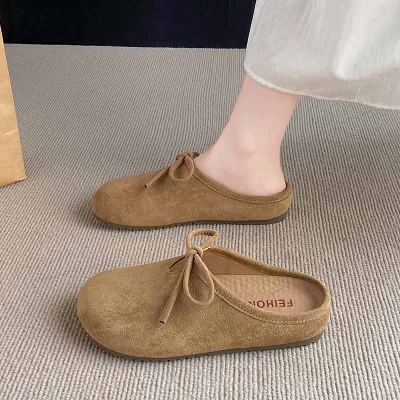 Retro matte round head half slippers women's spring big head women's flat bottom one pedal casual beanie shoes