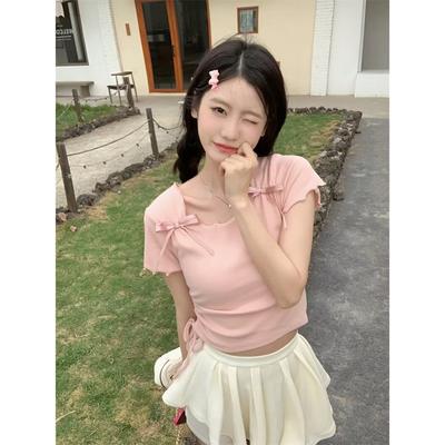 Design Sense Lace-up Square Neck Front Shoulder Short-sleeved T-shirt Women's Summer New Pleated Slim-fit Spice Girl French Top