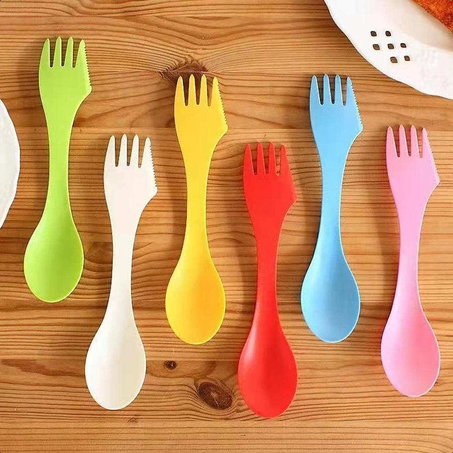 20 Pack Camping Forks 3 in 1 Travel Spoon Fork Knife 7 Inches EcoFriendly Durable Plastic Sporks 6 Colors Mixing Sporks for Bac