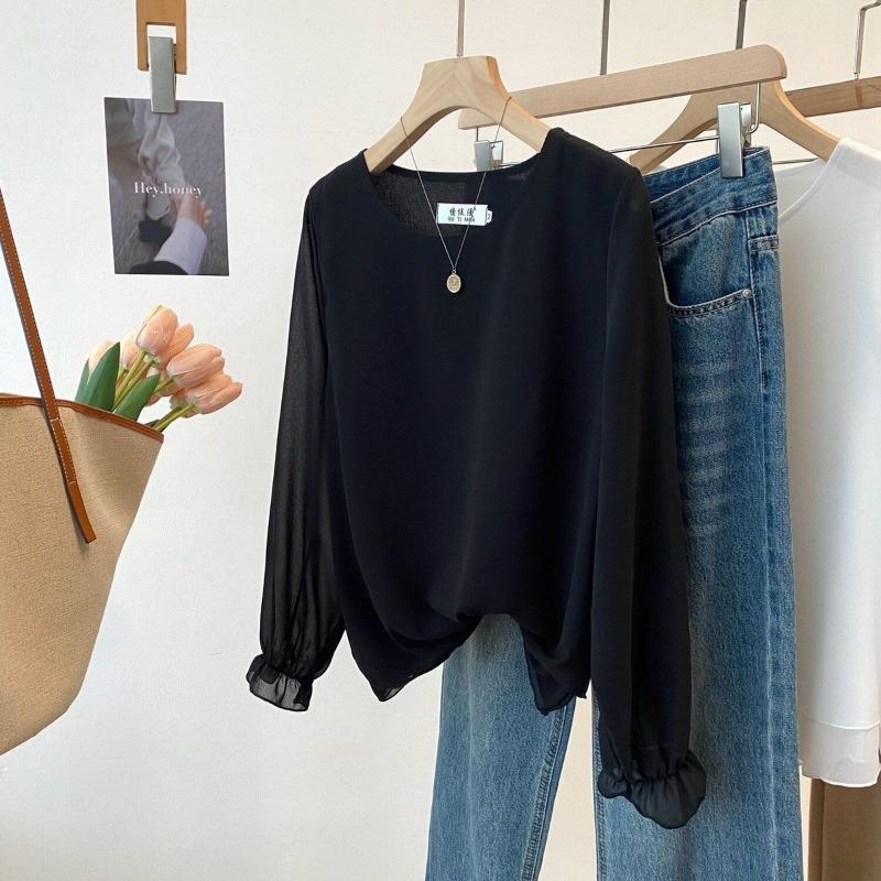 Spring and Summer New Women's Round Neck Long-sleeved Bottoming Top Loose Thin Outer Chiffon Shirt