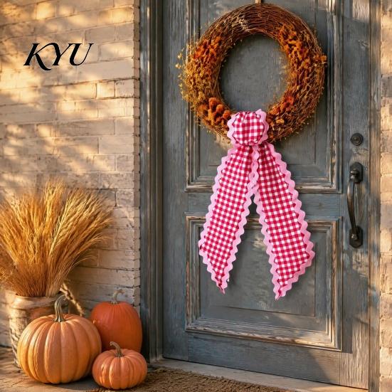 Front Door Wreath Bows Fall Scalloped Sash for Door, 55 Inch Plaid Gingham Autumn Wedding Ornament Thanksgiving Ribbon Harvest Yard Porch Doorway