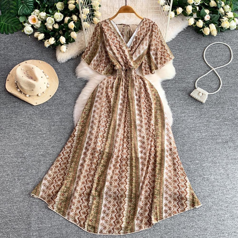 Women's V Neck Floral Chiffon Maxi Dress High Waist A-Line Casual Dress for Summer Vacation