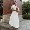 Pure cotton round neck bubble sleeve dress European and American spring and summer new solid color loose casual dress women