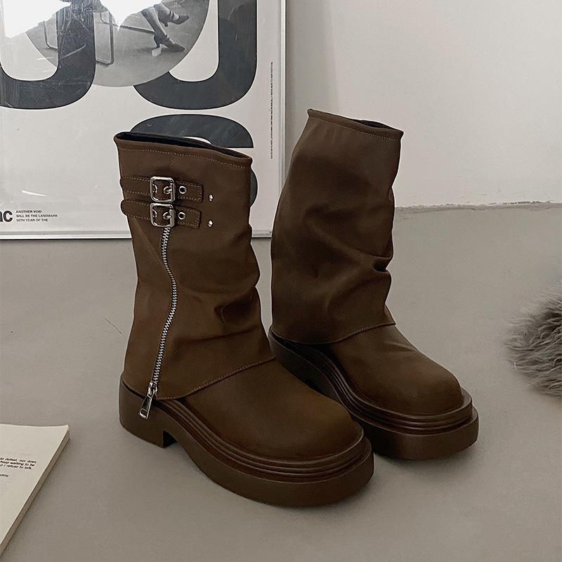 Brown Slim with Skirt Thick-soled British Martin Boots Women's 2025 New Autumn Small Thick Heel Short Boots