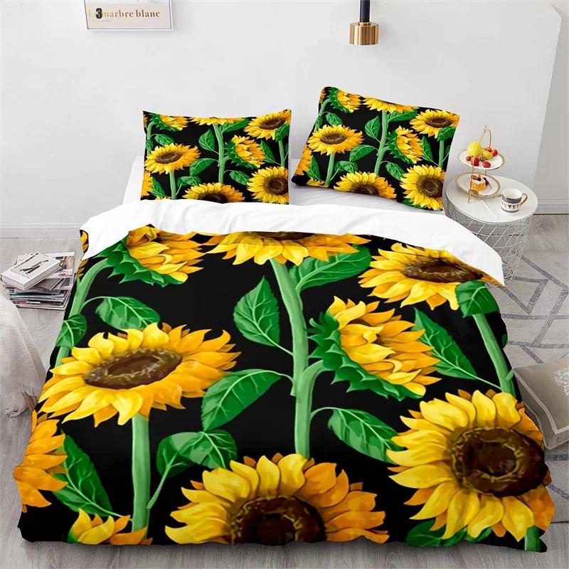 Sunflower Duvet Cover Botanical Floral Comforter Cover King Queen Twin for Kids Girls Room Microfiber Yellow Flowers Bedding Set