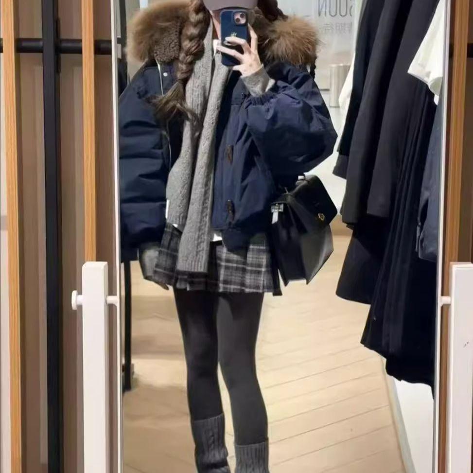 Women's Retro Hooded Cotton Jacket with Fur Collar - Winter 2025, Cowhorn Buttons, and Spandex for Warmth