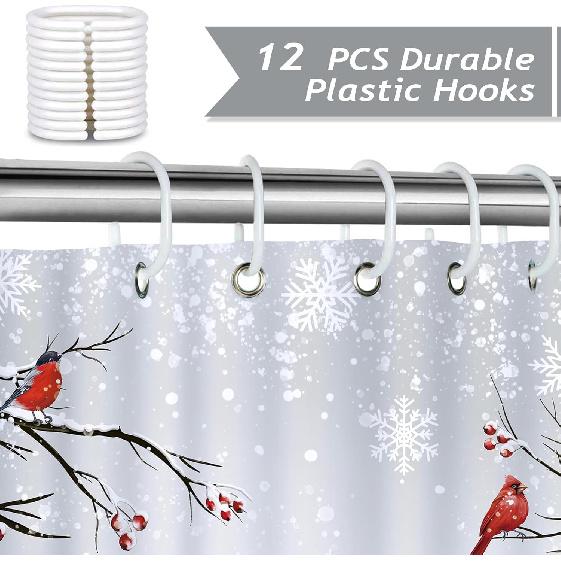 Bonhause Christmas Gnomes Shower Curtain, Xmas Tree Cardinals On Branches Grey Winter Holiday Bathroom Curtain 72 X 72 Inch Polyester Fabric