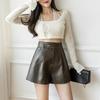 Shorts Women's Casual High Waist Leather Pants Loose Slit Slim A-line Wide-leg Pants