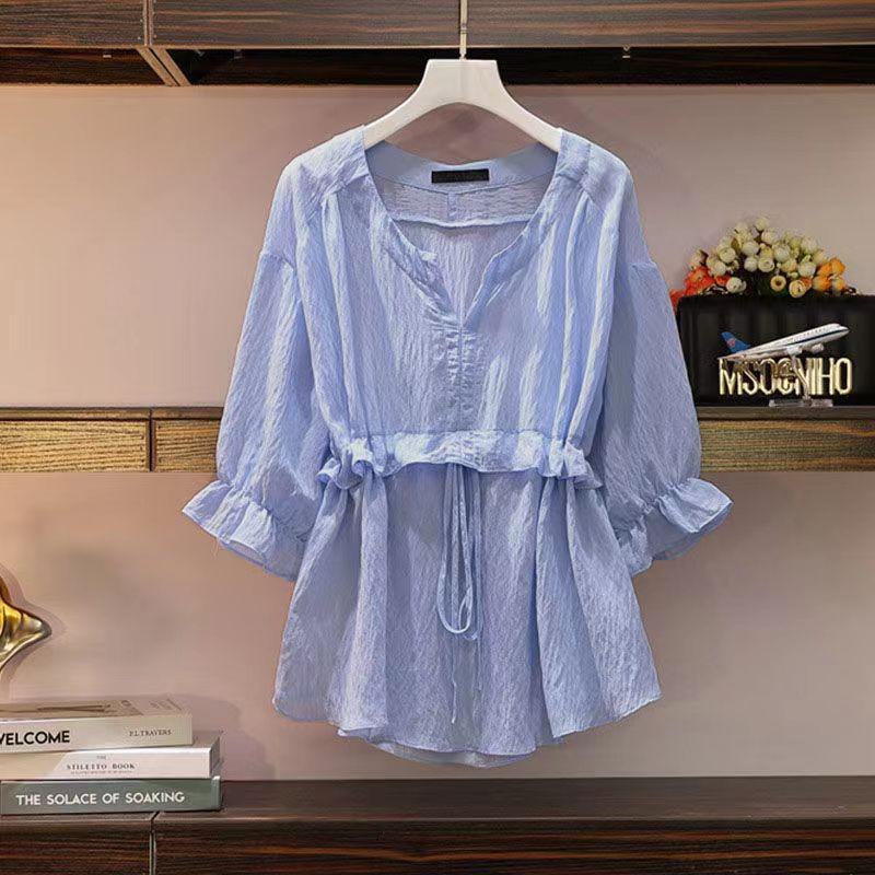 

Модні весняно-осінь стильні прозорі плісировані білі сорочки жіночі однобортні вільні жіночі блузи з відкладним коміром 5XL синій