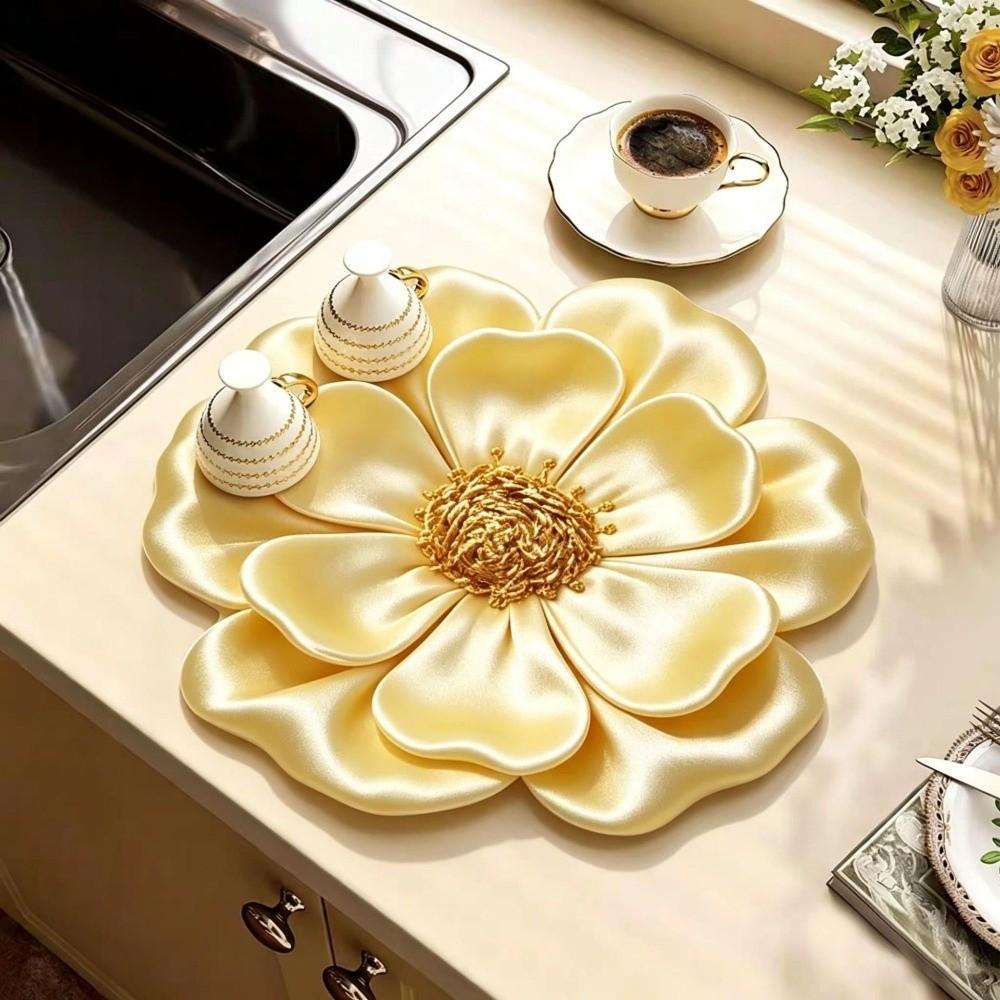3D Flower Design Dish Draining Mat Water Absorbent Flower Countertop Mat  Bathroom