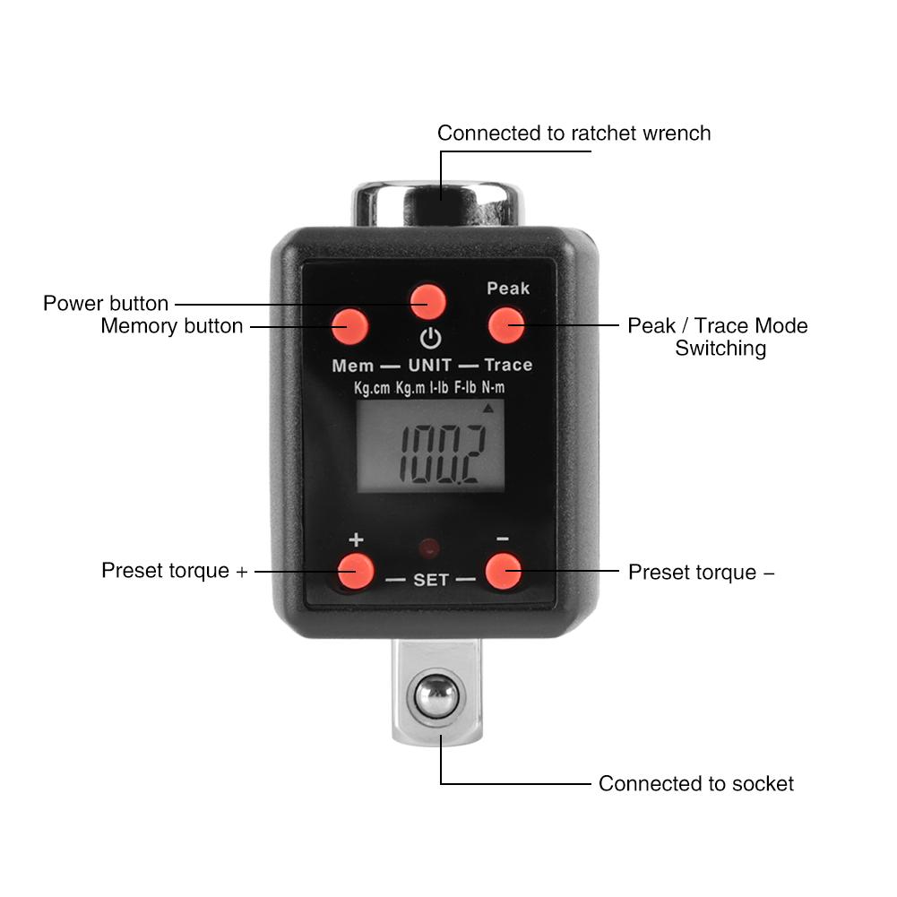1 2  Drive 10 200Nm Digital Torque Wrench Adaptor with 1 4  & 3 8  Socket Adapter