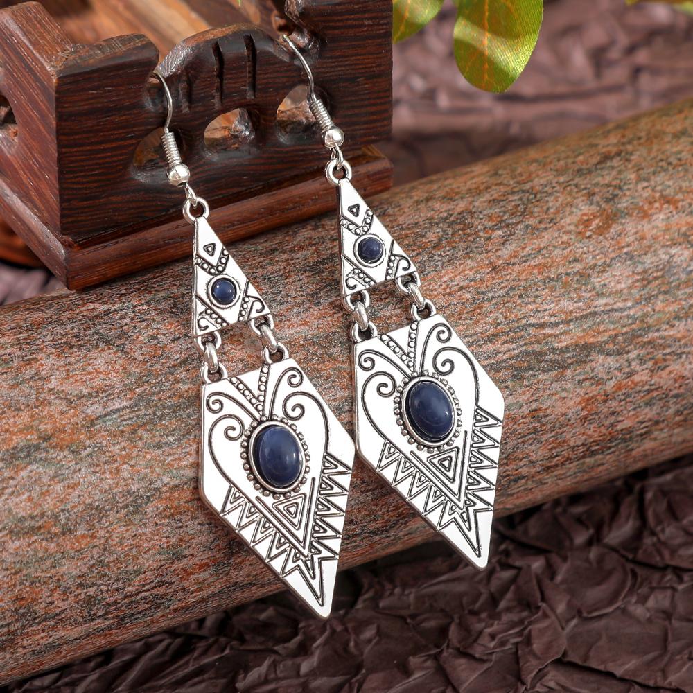 1 Pair Ethnic Style Earrings for Women Geometric Rhombus Vintage Silver Boho Accessories Daily Wear Party Decors Gifts Versatile