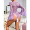 Seductive Transparent Jumpsuit With Flare Sleeves And Lace Pajamas Deep V Hollow Out Erotic Underwear