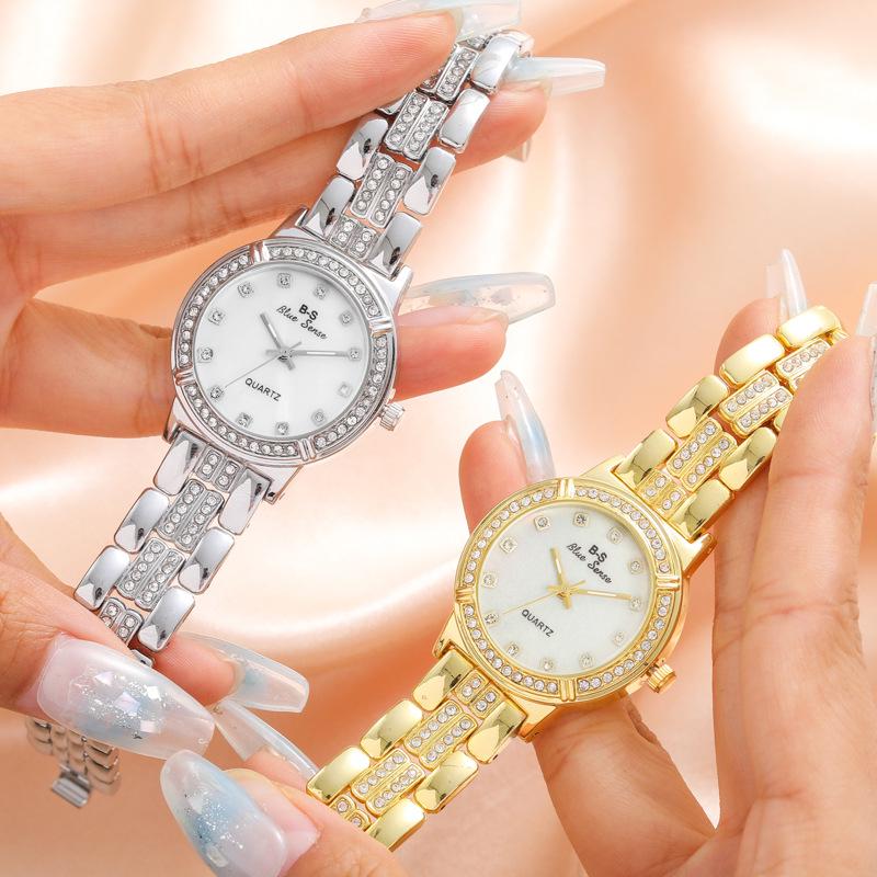 Elegant Rhinestone-Trimmed Quartz Women's Watch with Alloy Steel Band