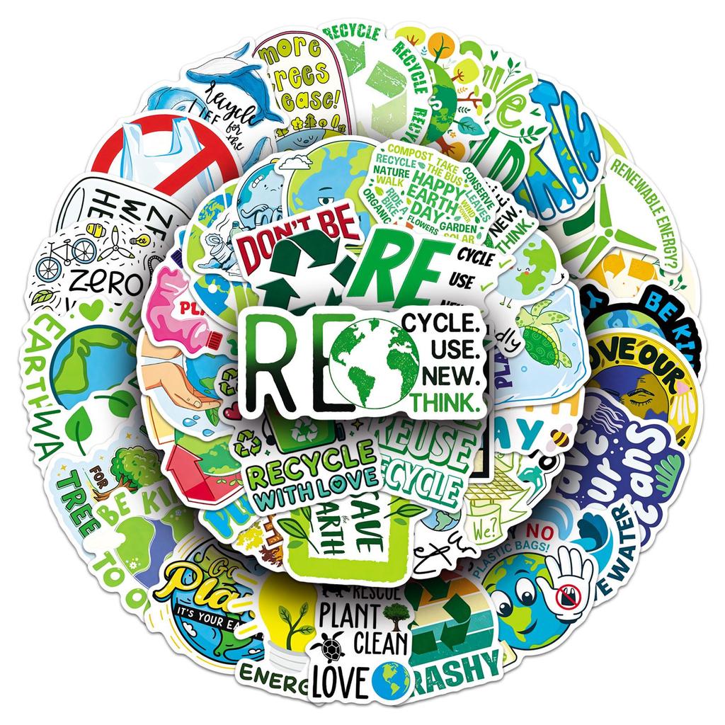50 Earth-Friendly Stickers: Environmental Slogans & Cartoon Logos for Graffiti and Decoration