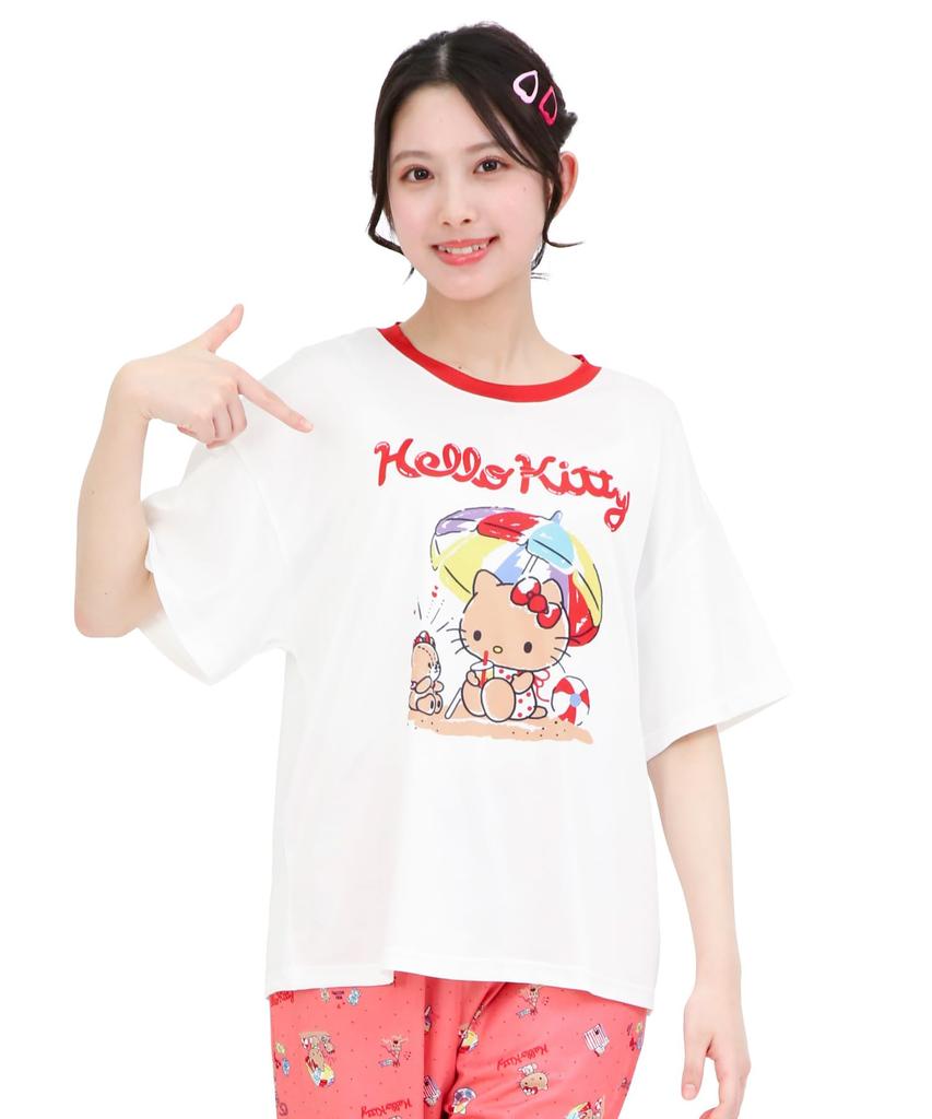 SAZAC Peach Side Hello Kitty Pajama Powder Stretch Short Sleeve and Long Pants Set X Set, Fabric, Women's (White Red/M/SAN1950)
