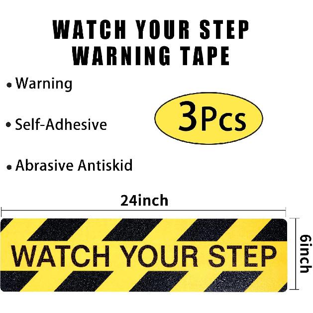 3PCS Watch Your Step Sign,6 x 24 Inch Premium Self Adhesive Watch Your Step Sticker for Workplace Home Business Safety Wet Floor Caution,Help Prevent