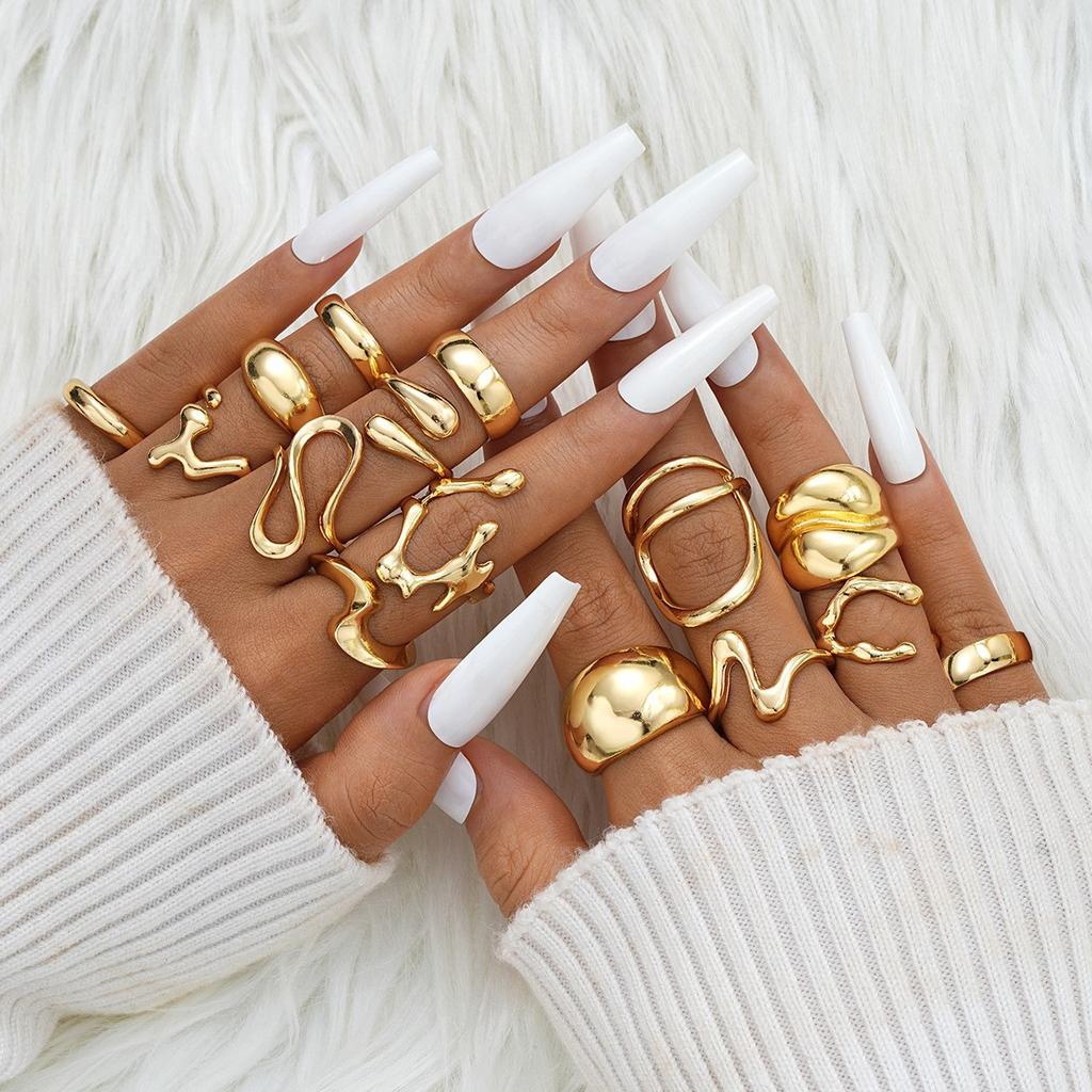 11Pcs/Set Irregular Geometric Hollow Out Rings For Women Exaggerated Smooth Stripe Gold Color Ring Set Party Jewelry Accessories