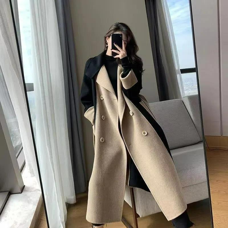 Cappotto di lana stile Hepburn da donna lungo invernale temperamento è sottile, cappotto di lana da donna a contrasto di colore