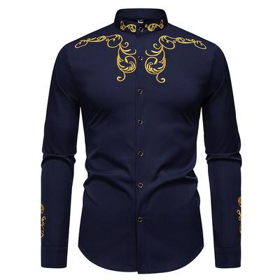 Spring Men's Embroidery Long Sleeve Shirt Casual Solid Stand Collar Shirts Male European Court Style Party Shirt Nightclub