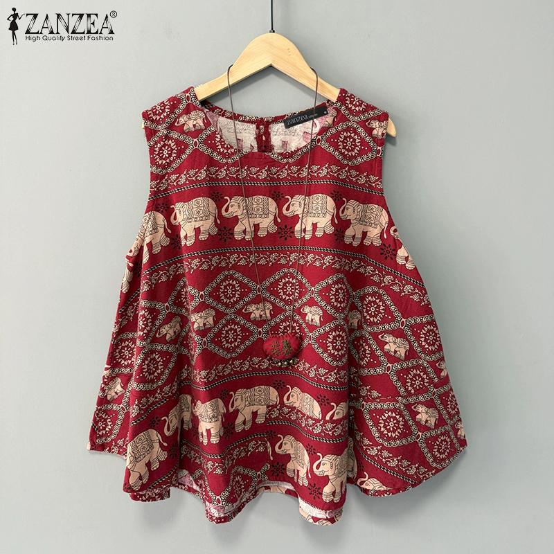 ZANZEA Women Loose Casual Round Neck Sleeveless Print Tank Tops