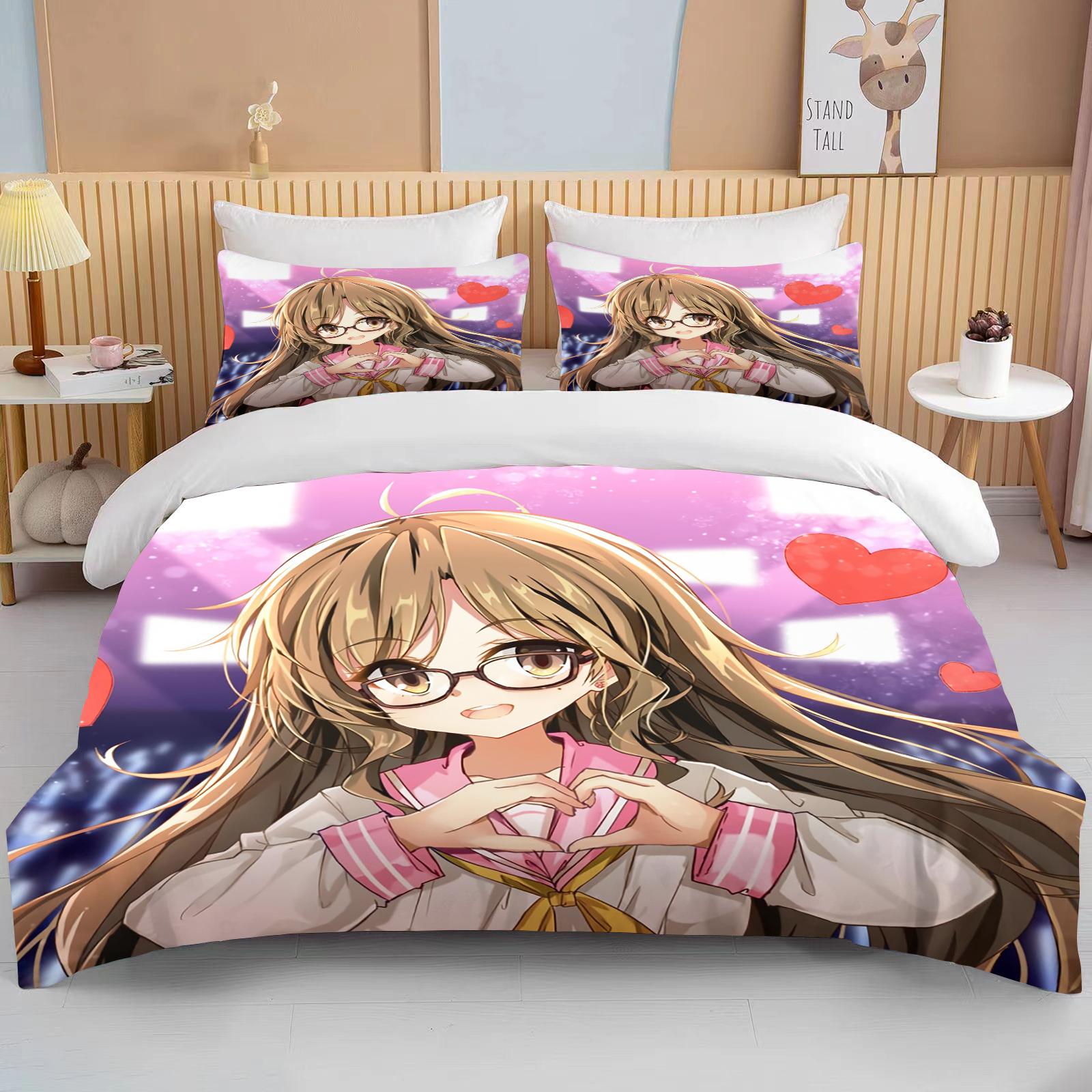 

Japanese Anime Beauty king size double bed bedding set microfiber or polyester duvet cover set comforter set EU single(135x200cm)
