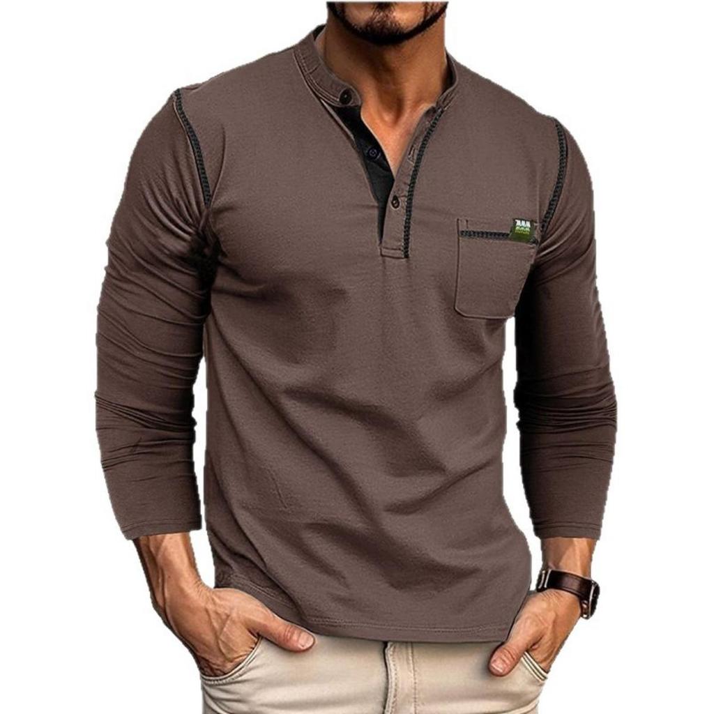 Men's Casual Tops Winter Fall Henley T-Shirt Long Sleeve Color Block, European American Size Outwear Crossborder