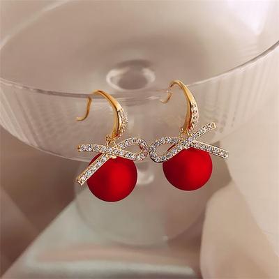 Elegant Rose Gold Dangle Earrings: Red Christmas Balls for Women