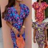 2026 New European and American Printed Casual V-neck Tight-fitting Hip-wrapped Waist Bubble Short-sleeved Dress