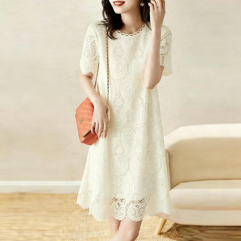 ZANZEA Vestido Casual de Mujer con Cuello Redondo y Manga Corta con Encaje Patchwork