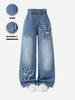 Unisex Children's Denim Pants with Butterfly Embroidery for Spring/Summer, Casual and Cute Daily Comfort Wear