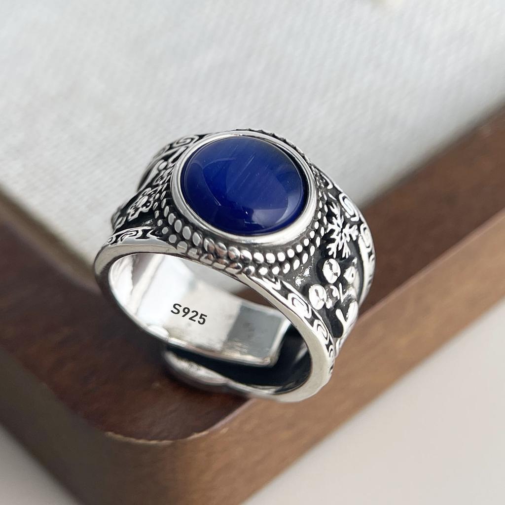 Xiaomi BF CLUB 925 Sterling Silver Ring For Women Jewelry Retro Blue Stone Open Vintage Handmade Ring Allergy For Party Birthday Gift