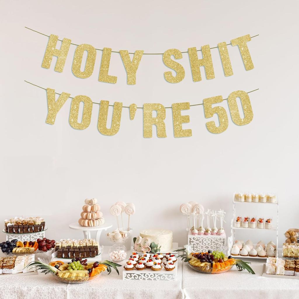Pre-Strung 50th Party Gold Glitter Banner, Happy 50th Birthday Decorations for Men, Funny 50 Year Old Party Sign, 50th Birthday Decor for Women