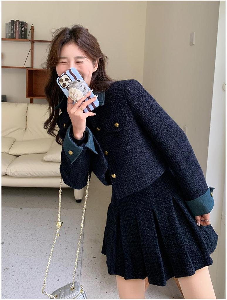 Women's Autumn Denim Patchwork Set: Black Jacket & Midi Skirt Two-Piece Set