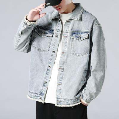 New Fashionable Men's Denim Jacket Vintage Light Blue Wash Ins Loose Ragged Edge Old Denim Coat