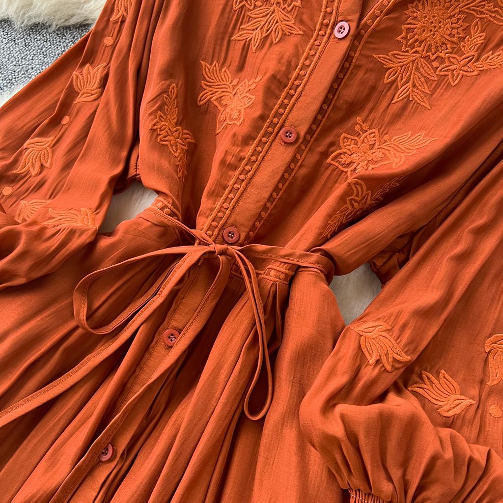 Vintage Elegant Embroidered Button Dress A-line Chic Casual Beach Vacation Women Summer Dresses