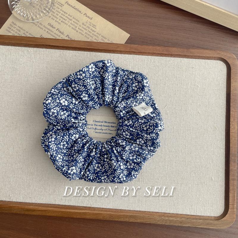 Vintage Tie Dye Scrunchie Retro Blue Dye Floral & Solid Color Hair Tie