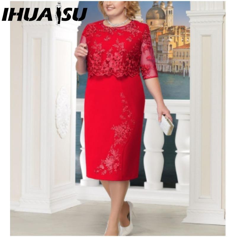 

IHUASU S-5XL Женская мода Лето Весна Однотонный Принт Короткий рукав Круглый вырез Повседневные платья XXXXXL красный