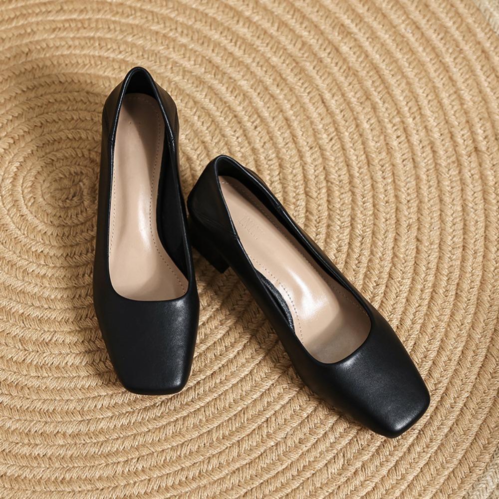 Leather Pumps Women's 2025 New Spring Professional Commuting Thick Heel Medium Heel Square Head Shallow Mouth Work Women's Shoes