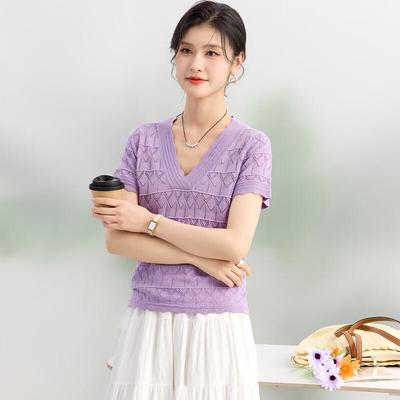 Golden Chrysanthemum Mulberry Silk Blend Lace V-Neck Knit Top