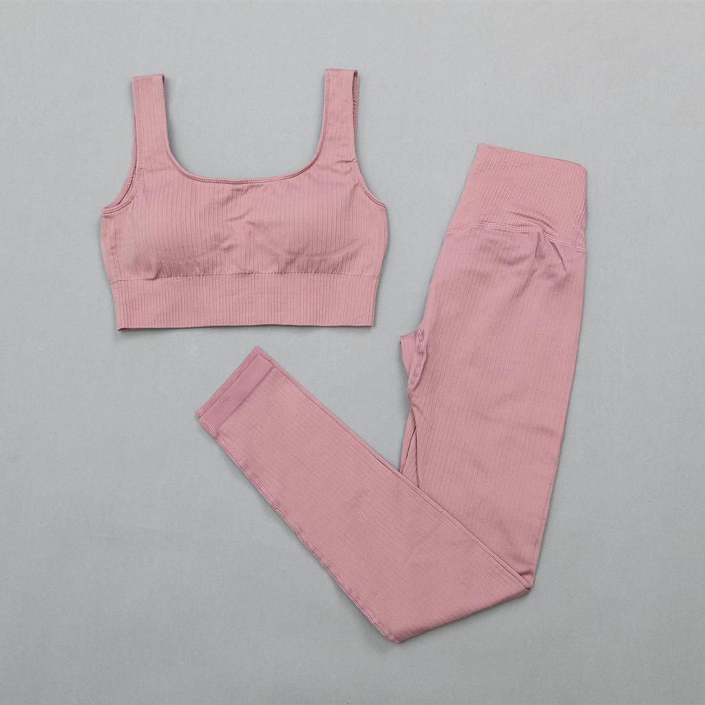Women's Solid Color Seamless Ribbed Sports Bra and High Elastic Yoga Set