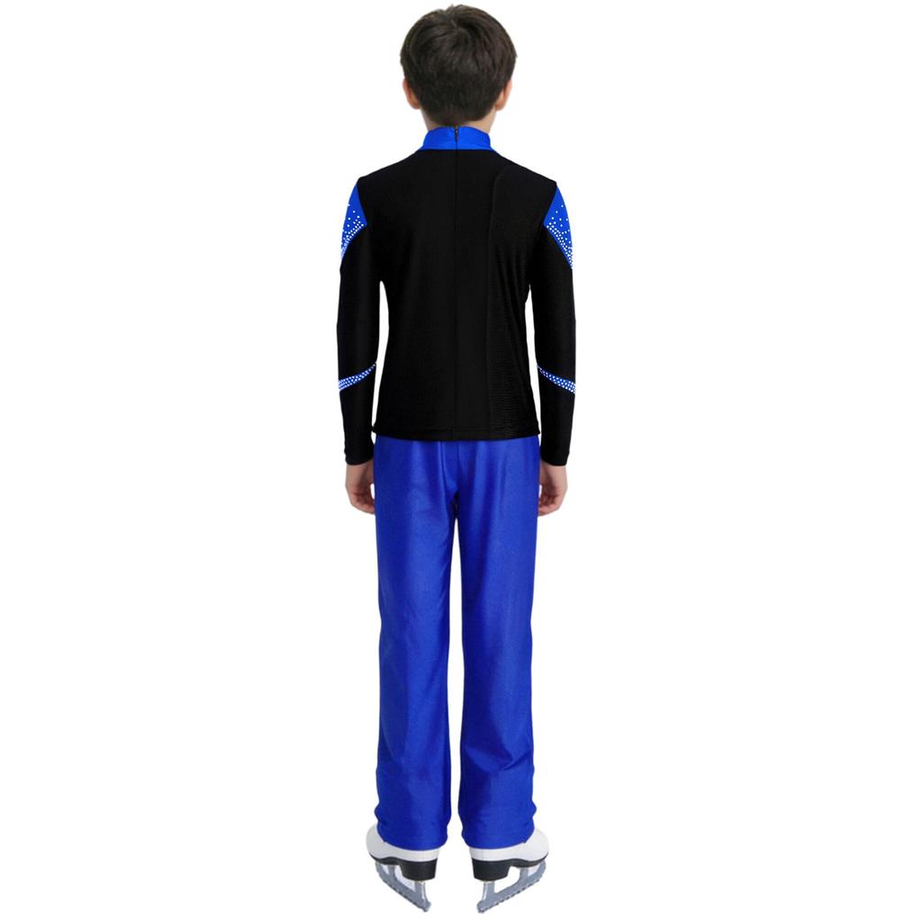 Kids Boys Figure Skating Outfit Mock Neck Long Sleeve Back Invisible Zipper Color Block Shiny Rhinestones Top with Elastic Waistband Pants Competition