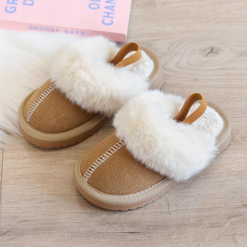 Luxury Children Fur Slippers Boot Retro Round Head Cotton Baby Girl Boy Winter Plush Warm Home Shoes Non-slip Kids Slipper