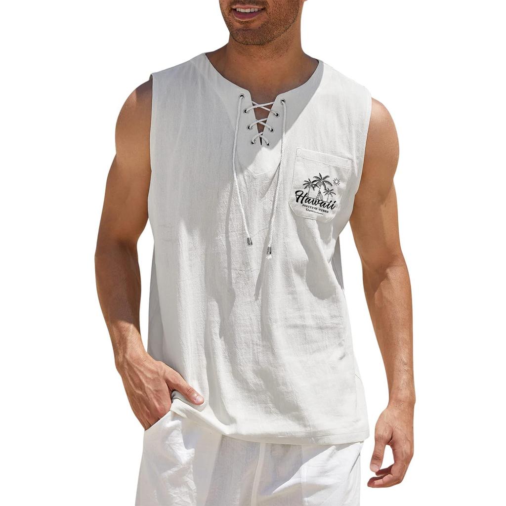 Men's Hawaiian Print Tank Top - Loose Fit Sleeveless Vest with Adjustable Tie for Casual Sports