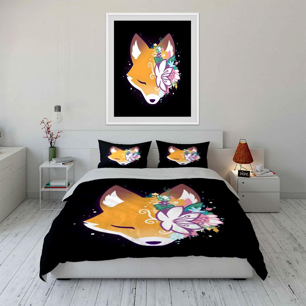 "Fox Floral Art Decor Set" Bedding Set with 1 Duvet Cover 2 Pillowcases Single Double King Queen, Gift