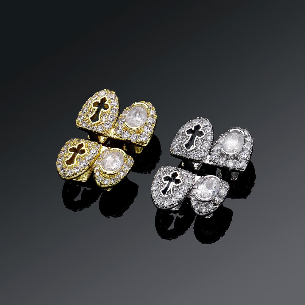 Explosions Double Grillz Hollow Cross Oval Zircon Copper Braces Street Fashion Men's Performance Jewelry Unisex Party