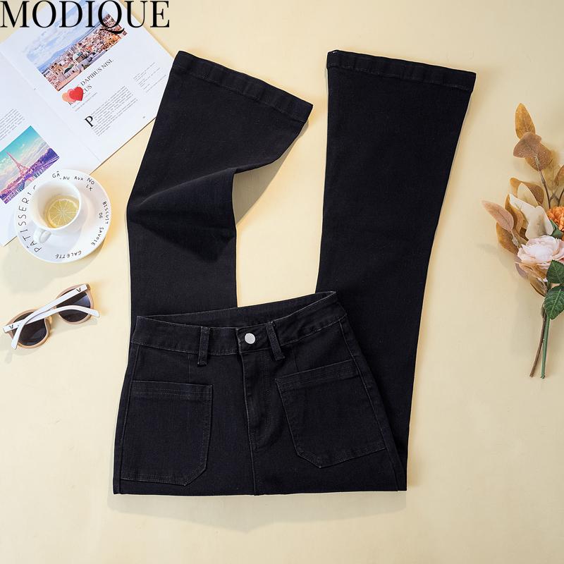 MODIQUE Spring Plus Size New Women Versatile High Waisted Slimmer Elastic Long Jeans Bell-Bottoms Lady Casual Flare Pants Trousers