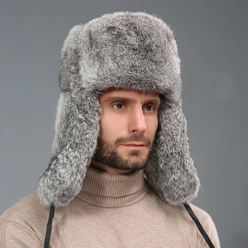 Men's Caps Warm Natural Rabbit Fur Bomber Hat With Earflaps Winter Hot Sale Unisex Warm Russian Ushanka Hat Real Rabbit Fur Hats