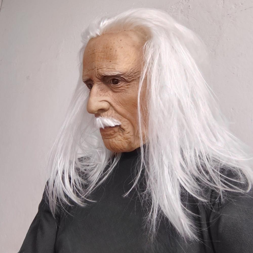 Realistic Full Head Latex Mask with Beard for Men Long White Hair Halloween Costume Party Prop Old Man Cosplay Headgear